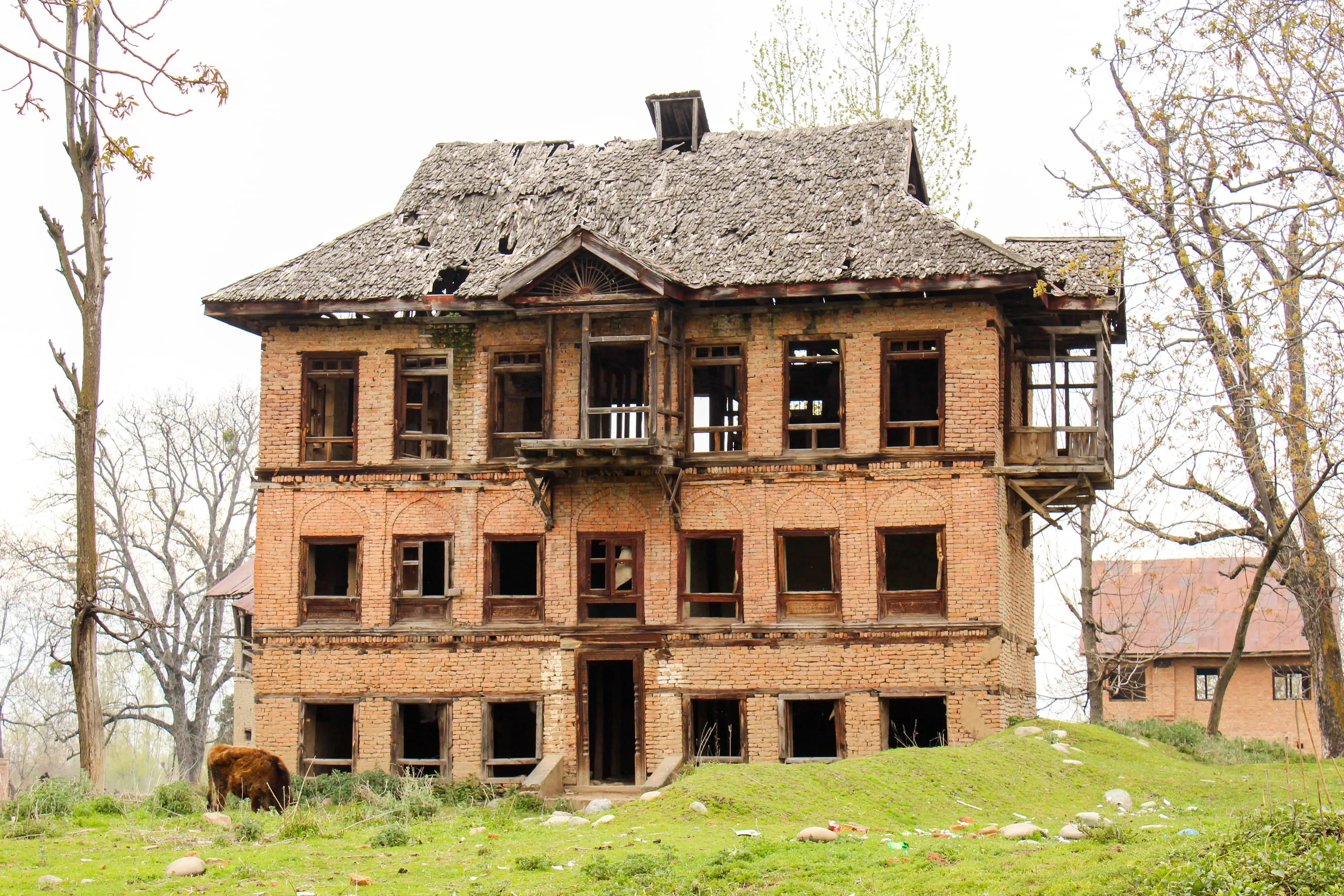 A three-storey timber and brick house standing empty, its windows burnt out, grass to the door.
