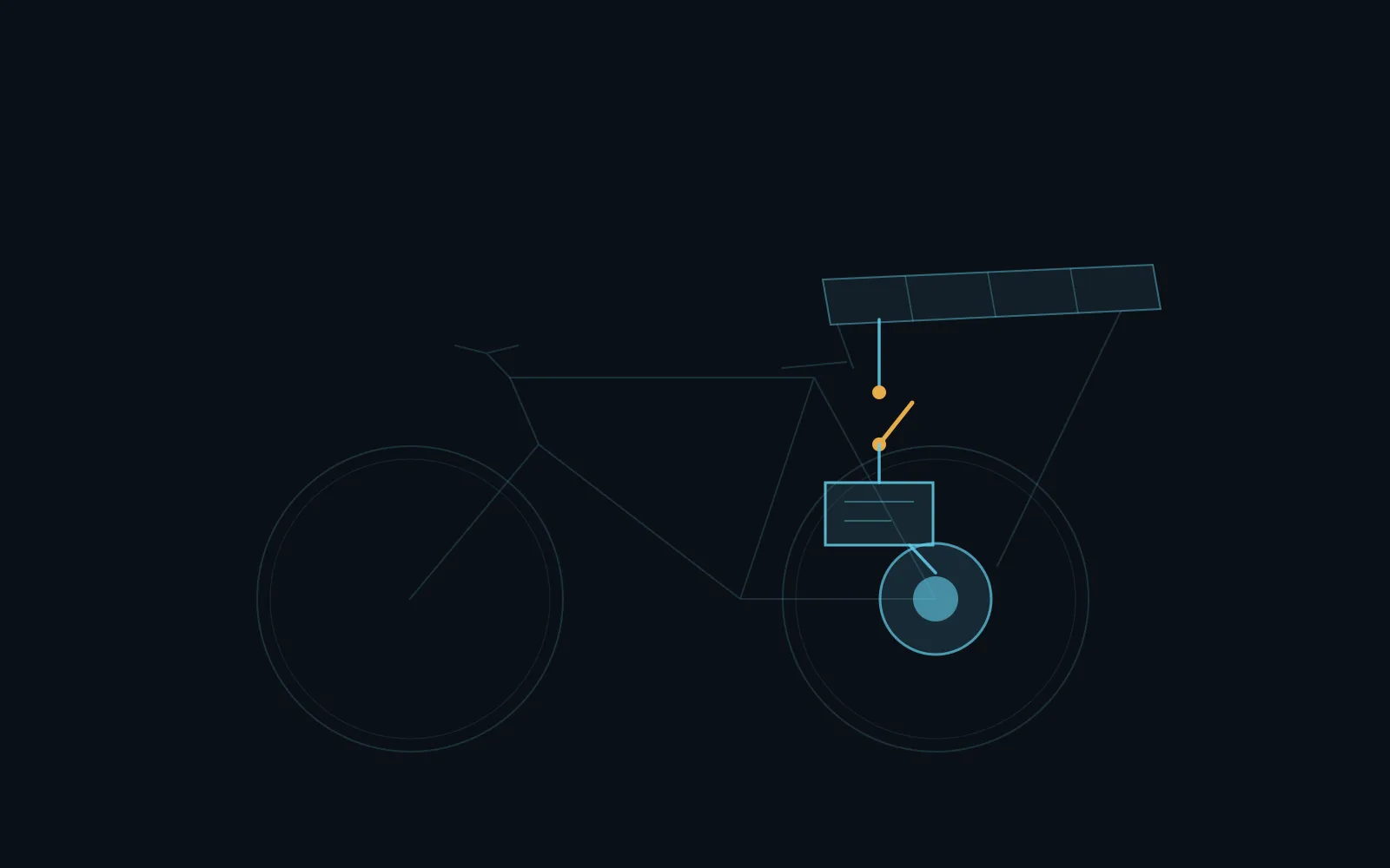A line drawing of a bicycle in faint outline, with a solar panel on a rear carrier, an open switch contact, a controller box and a hub motor picked out in brighter strokes.