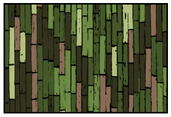 A generated pattern of vertical broken strips in four greens and a brown, outlined in black, filling the frame.